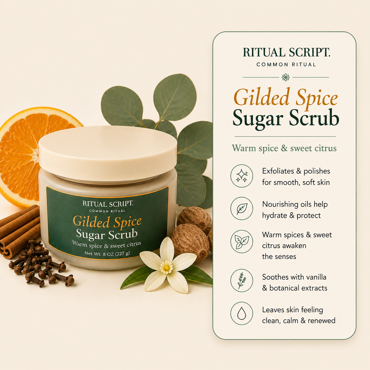 Gilded Spice Sugar Body Scrub benefits card — sugar exfoliant in shea butter and nine plant oils, scented with clove, cinnamon, ginger, and sweet orange