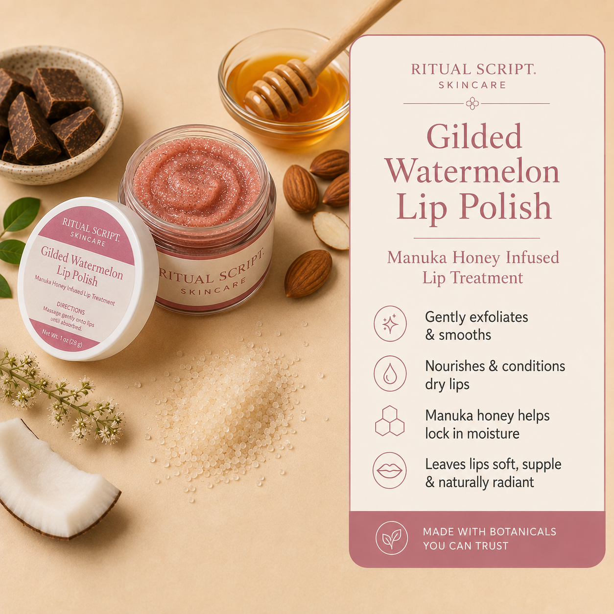 Open jar of Gilded Watermelon Lip Polish showing its pink sugar scrub texture, styled with cocoa, honey, almonds, and coconut