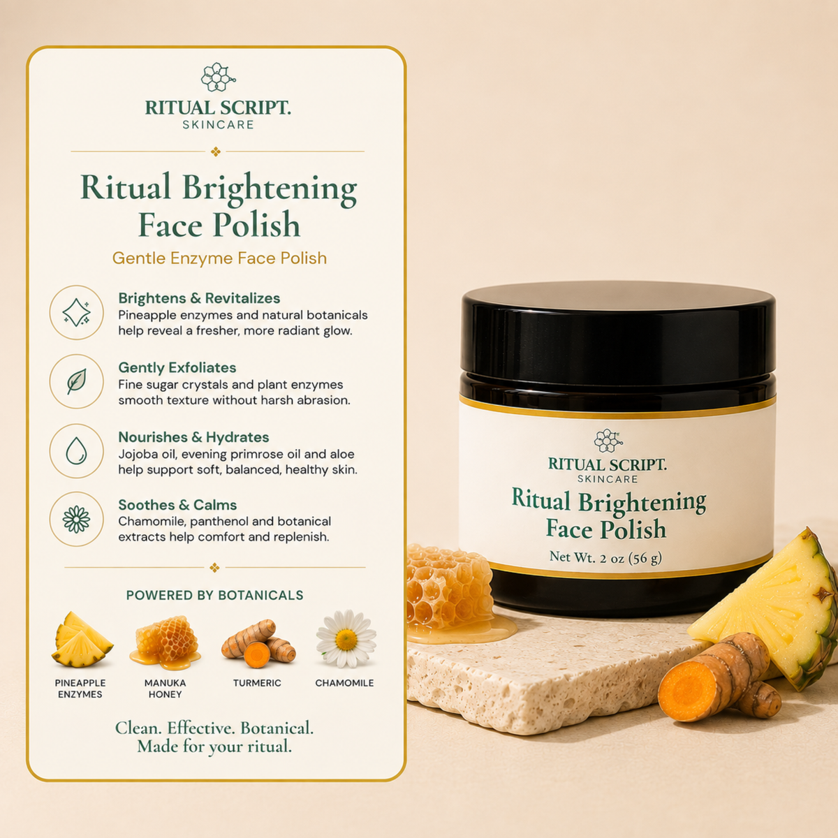 Ritual Brightening Face Polish benefits card — dissolving sugar polish with pineapple enzymes, turmeric, and apple fruit cell culture extract