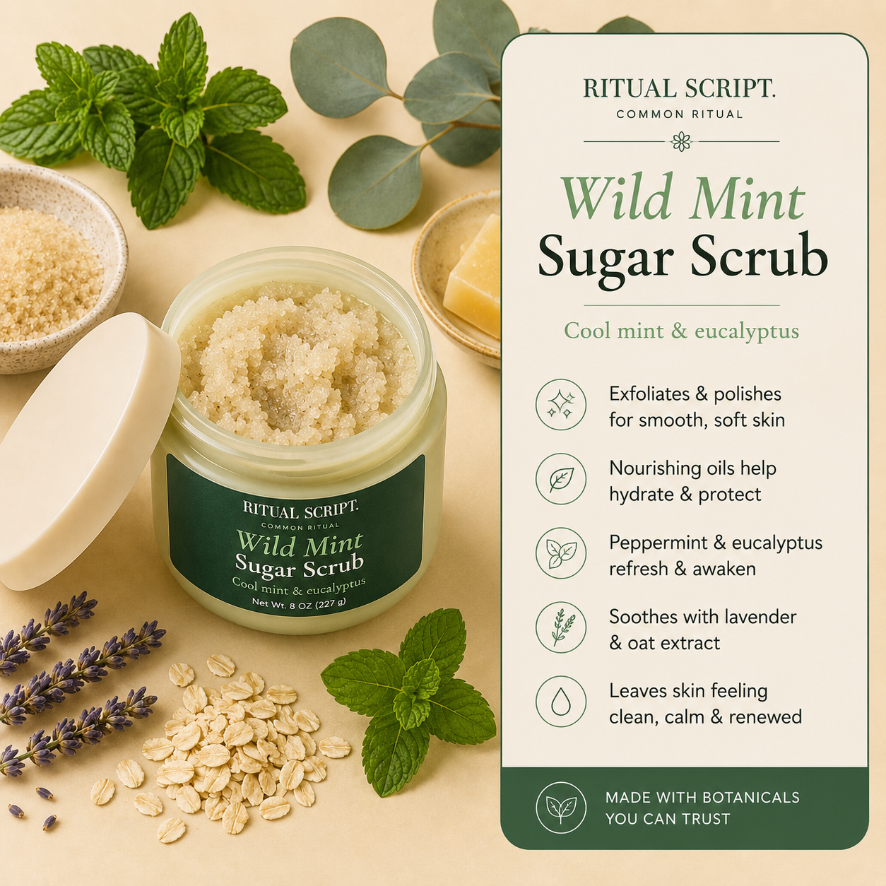 Wild Mint Sugar Body Scrub benefits card — sugar exfoliant with peppermint, eucalyptus, and lavender oils and oat kernel extract, rinses clean without an oily film