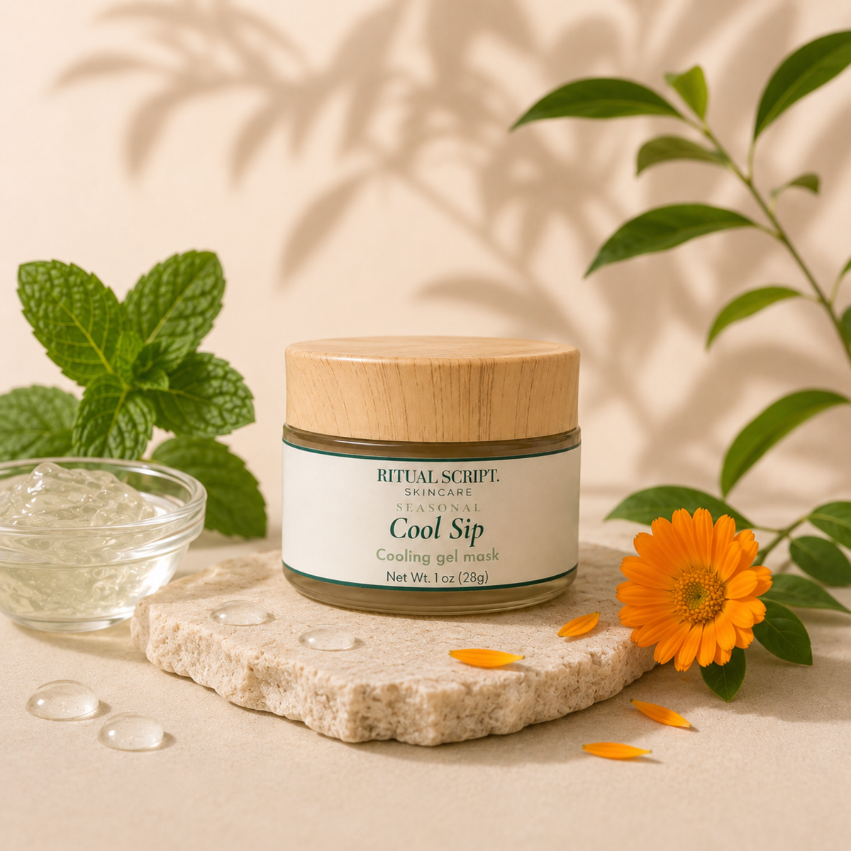 Cool Sip Cooling Gel Mask styled with fresh mint, calendula, and greenery on a pale stone surface