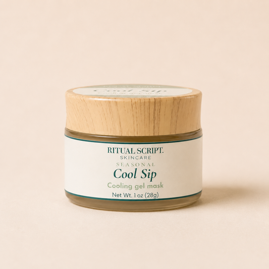 Cool Sip Cooling Gel Mask in a 1 oz jar with a wooden lid and sage label, Ritual Script Summer Edition