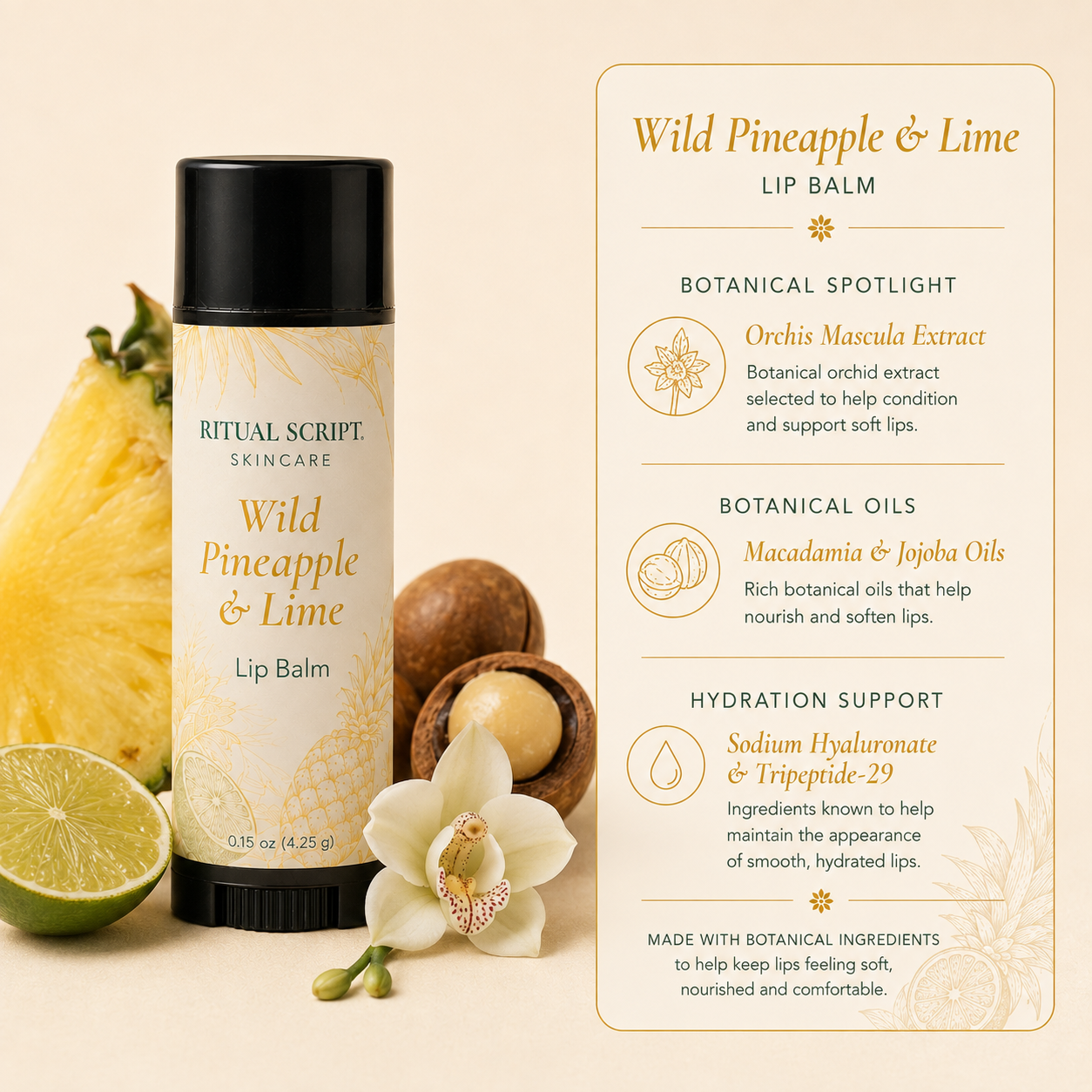 Wild Pineapple & Lime Lip Balm with pineapple and macadamia nuts — made with orchid extract, peptide, and hyaluronate