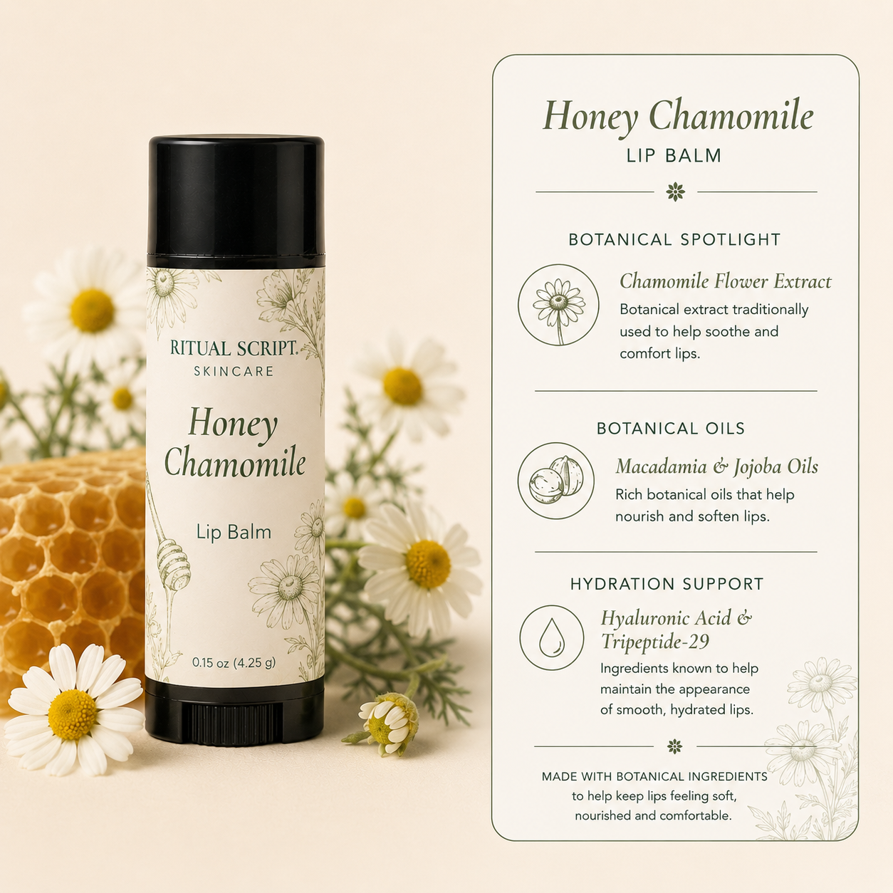 Honey Chamomile Lip Balm with honeycomb and chamomile flowers — made with chamomile flower extract, peptide, and hyaluronate