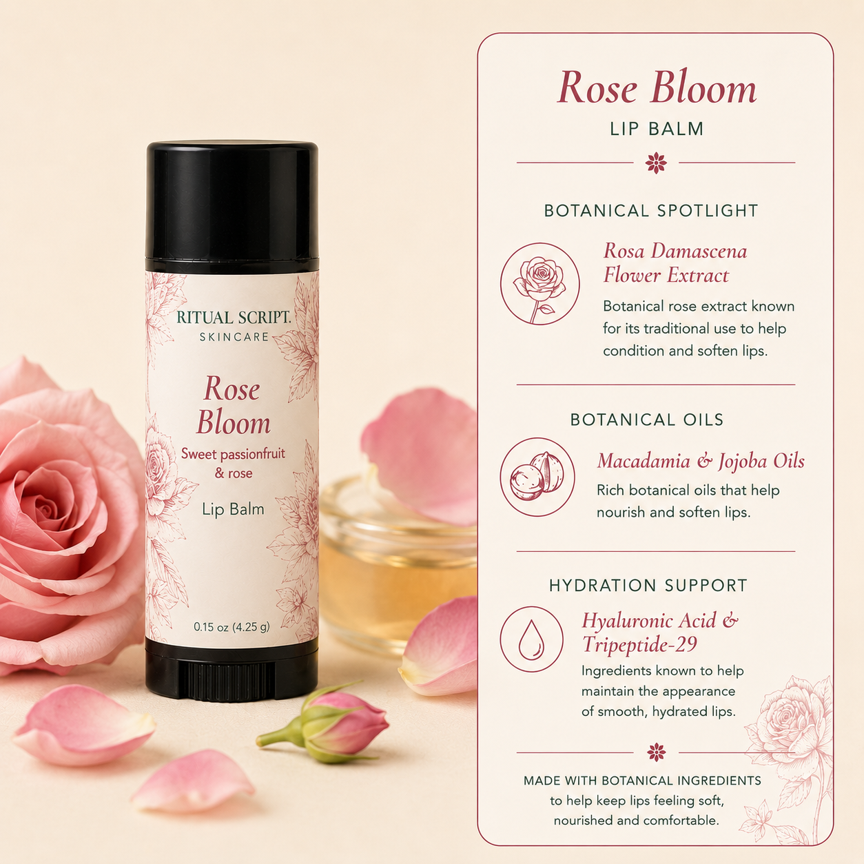 Rose Bloom Lip Balm with pink roses and petals — made with rose extract, peptide, and hyaluronate