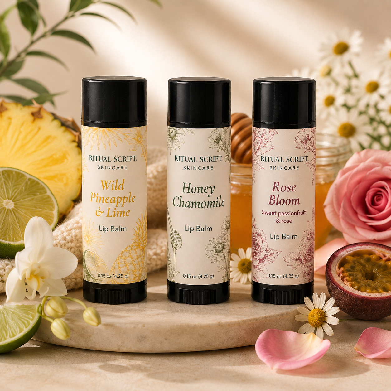 All three Ritual Lip Balm flavours arranged with lemon, roses, and greenery on a cream surface