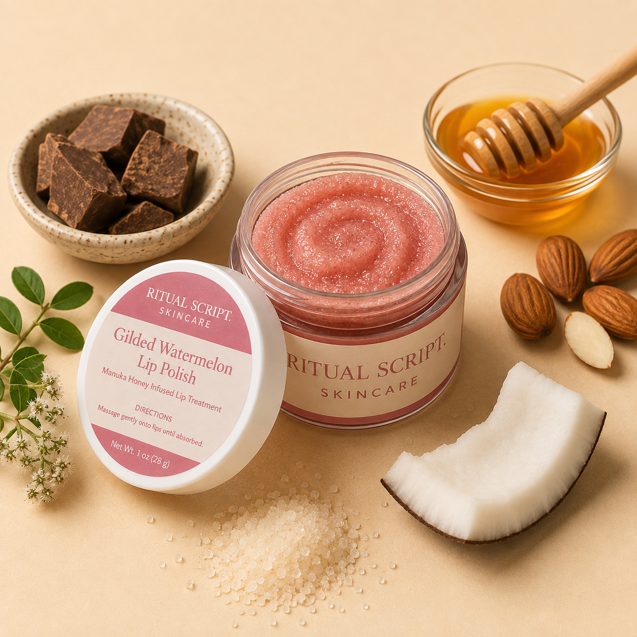 Gilded Watermelon Lip Polish benefits card — sugar lip scrub with cocoa butter, manuka honey, and sweet almond oil, naturally watermelon flavored