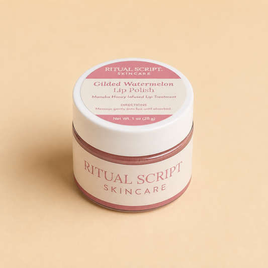 Gilded Watermelon Lip Polish in a 1 oz pink glass jar with a cream lid and rose label