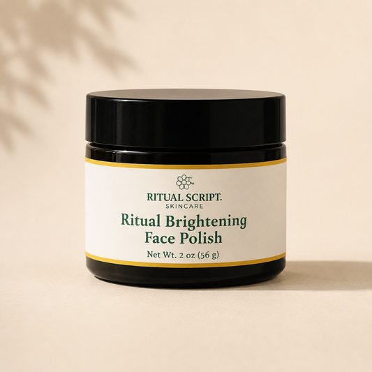 Ritual Brightening Face Polish in a 2 oz black glass jar with a gold-rimmed cream label