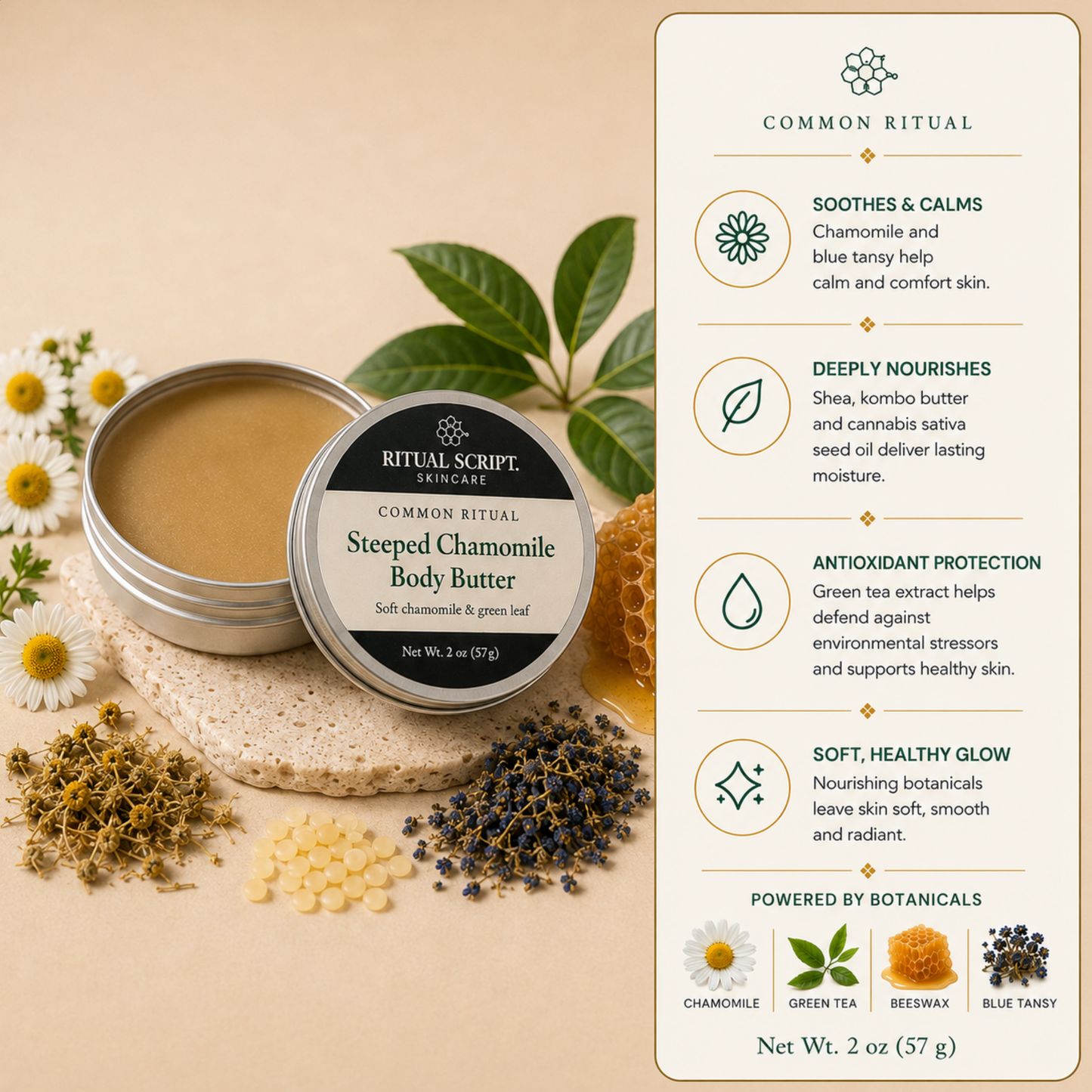 Steeped Chamomile Body Butter benefits card — waterless shea and kombo butter balm with Roman chamomile, green tea, and blue tansy