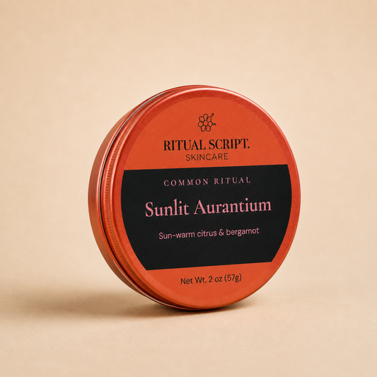 Sunlit Aurantium Body Butter in a 2 oz coral tin with a black label reading sun-warm citrus and bergamot
