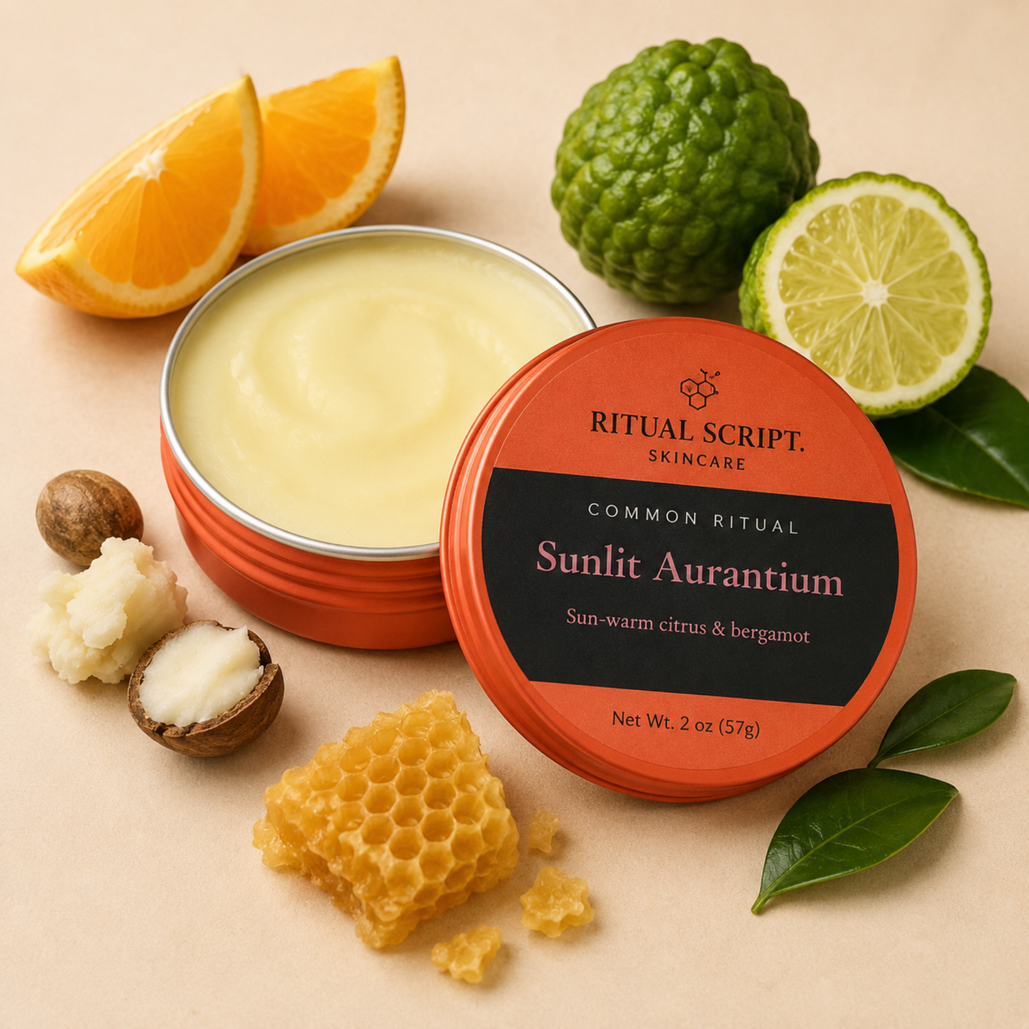 Open tin of Sunlit Aurantium Body Butter showing its pale gold texture, styled with orange slices, bergamot, honeycomb, and shea nuts