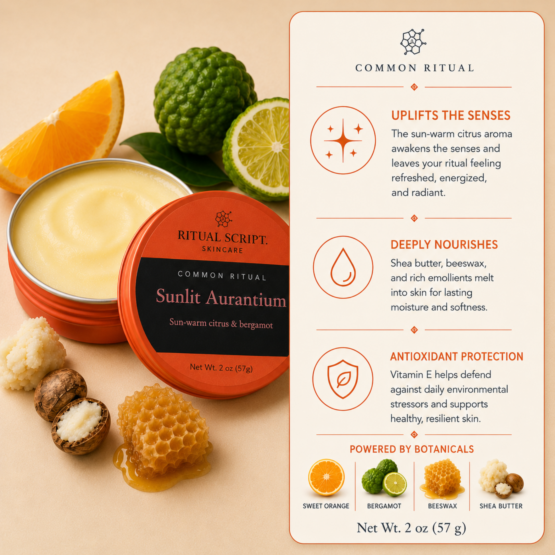 Sunlit Aurantium Body Butter benefits card — waterless shea butter balm scented with sweet orange peel and bergapten-free bergamot oil