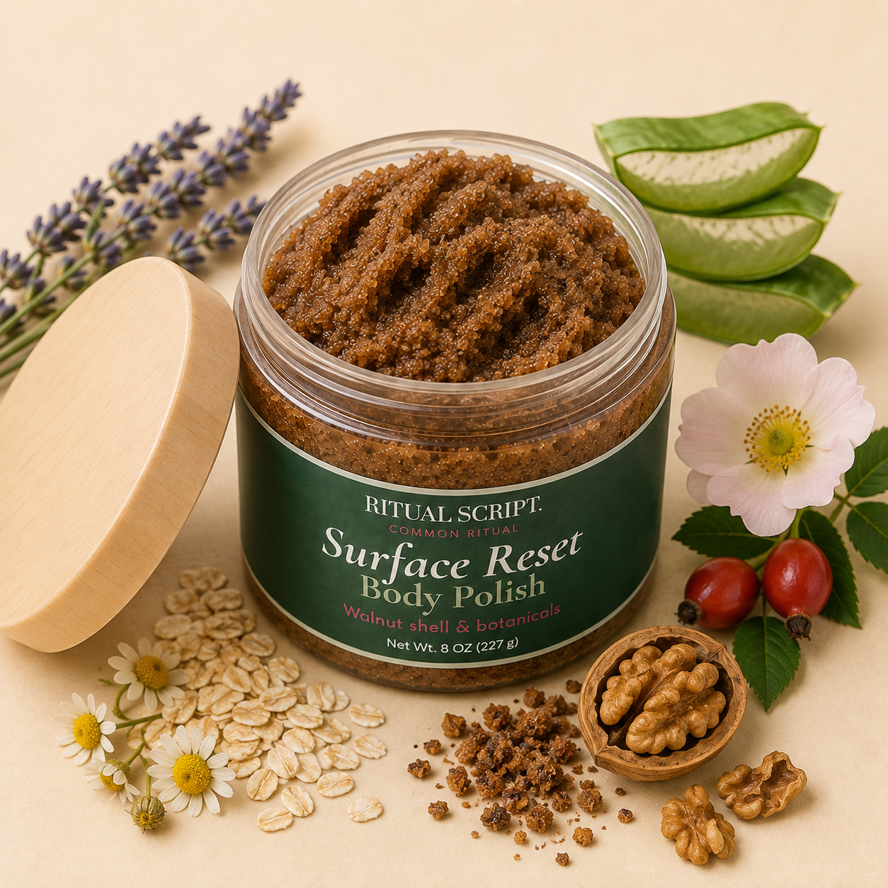 Open jar of Surface Reset Body Polish showing its walnut shell texture, styled with walnuts, aloe, chamomile, and lavender