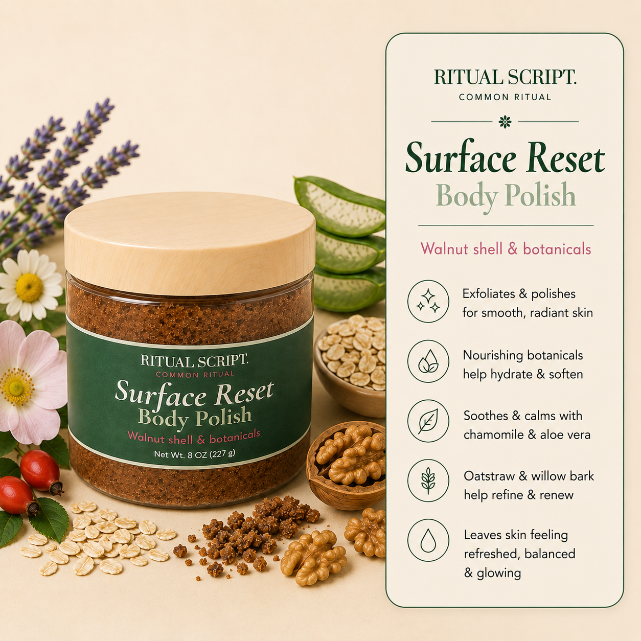 Surface Reset Body Polish benefits card — micronized walnut shell exfoliant with chamomile, lavender, aloe, and white willow bark, for body use