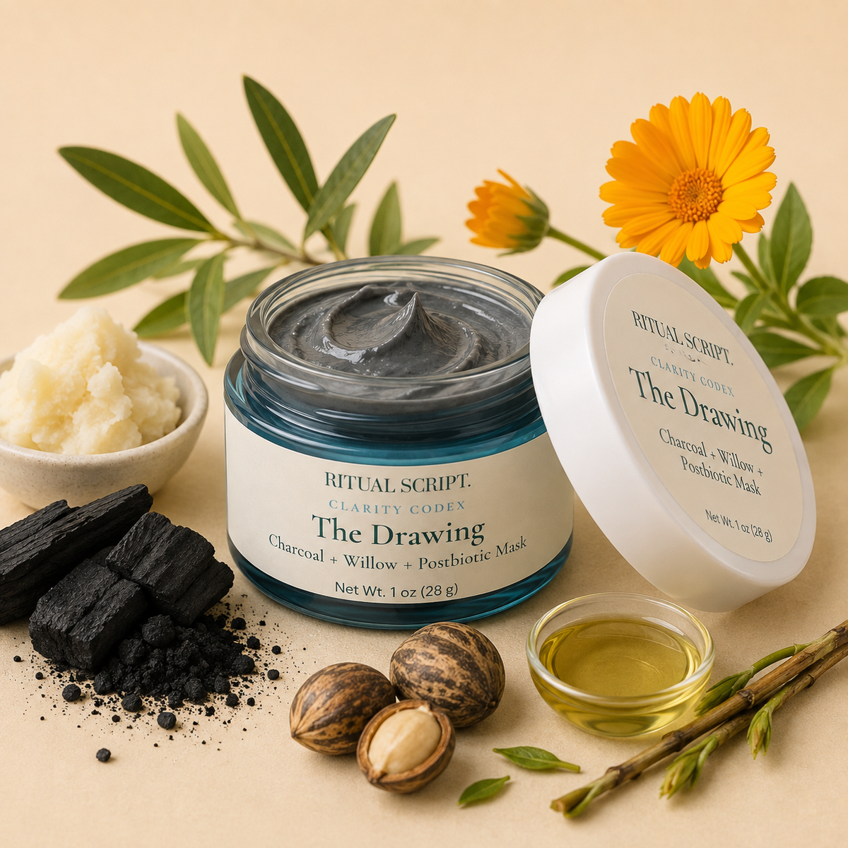 Open jar of The Drawing charcoal mask showing its dark grey cream texture, styled with charcoal, calendula, shea butter, and olive branches