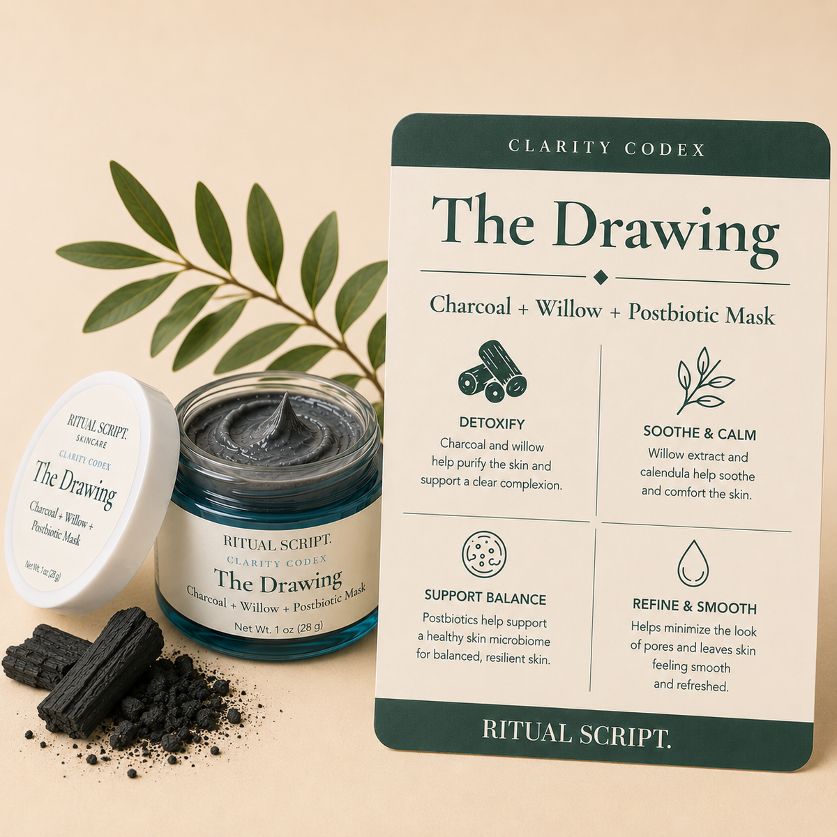 The Drawing benefits card — charcoal cream mask with niacinamide, white willow bark, and a postbiotic, built on shea and tucuma butter instead of clay