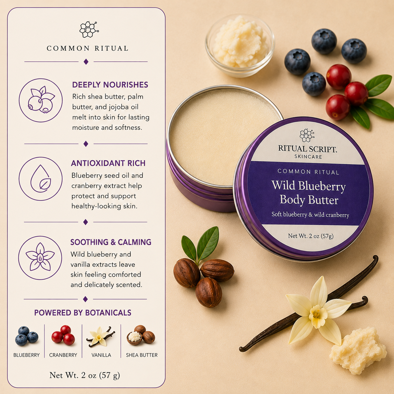 Wild Blueberry Body Butter benefits card — waterless shea butter balm with blueberry seed oil, cranberry extract, and jojoba