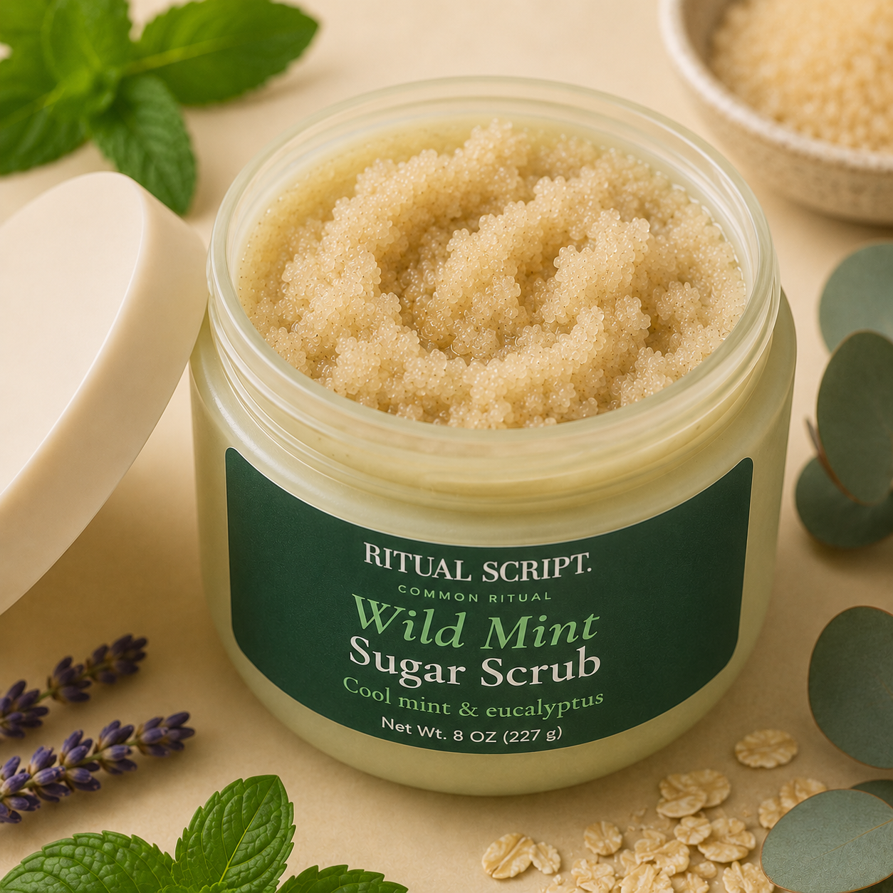 Open jar of Wild Mint Sugar Body Scrub showing its pale sugar texture, styled with fresh mint leaves and lavender